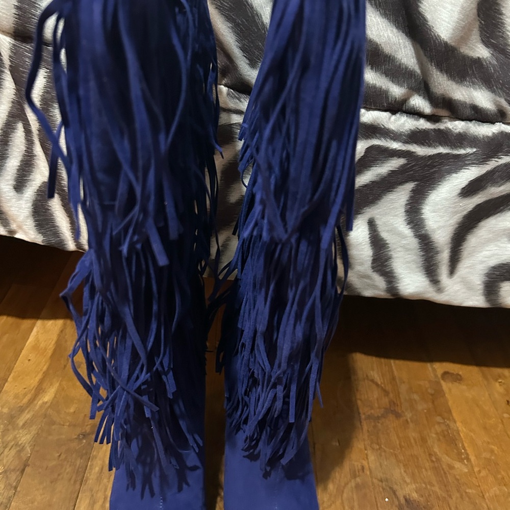Shoe Dazzle Blue Fringe Heeled Boots